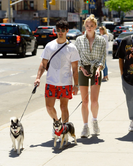 菲菲Sophie Turner + Joe Jonas纽约遛狗街拍，小夫妻被太阳晒得睁不开眼，狗狗们眼睛一如既往睁得圆圆的呆呆的[笑cry]这次两只狗狗Porky + Waldo都带出来了，超级可爱-街拍look